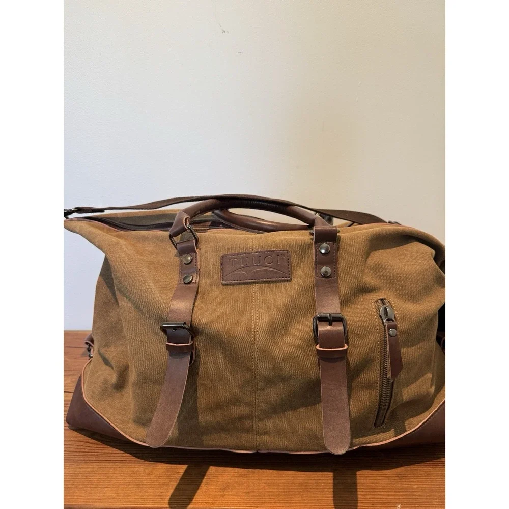 TUUCI Brown Canvas Leather Weekender Duffle Bag Travel Carry-On Overnight Large